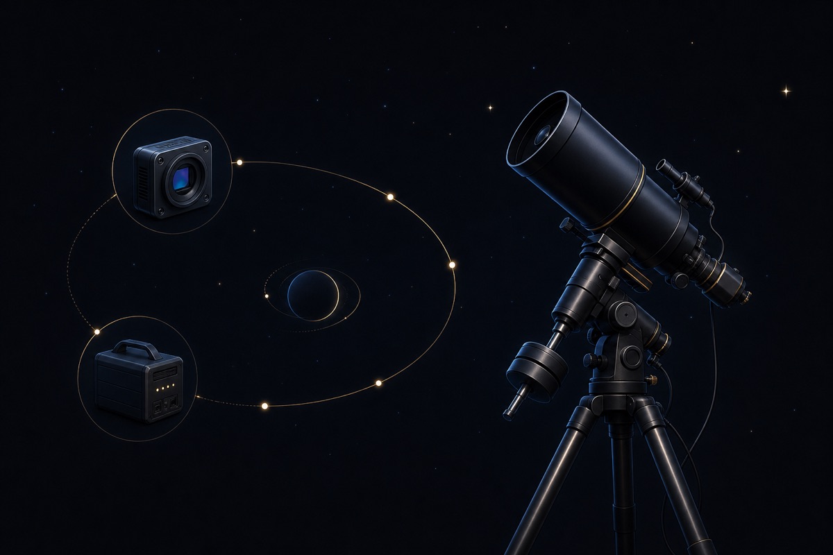 Illustrazione di un telescopio, una fotocamera e una stazione di alimentazione per astrofotografia